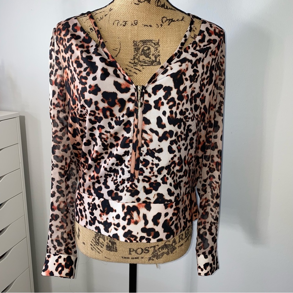 BEBE Cheetah Leopard Sheer Blouse Top with Half Front Zip